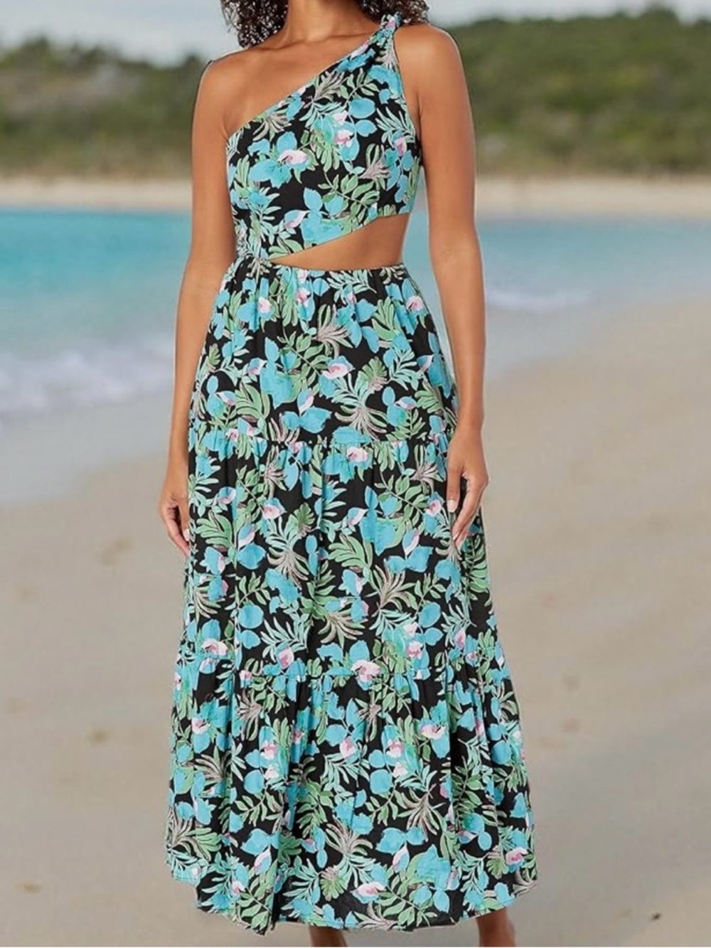 Moon River Black One-Shoulder Floral Cutout Maxi Dress size L